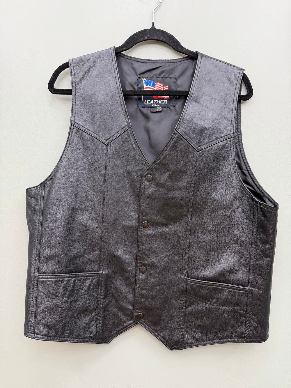 Leather U.S.A. Genuine Leather Biker Vest L Black Eagle USA Flag Motorcycle